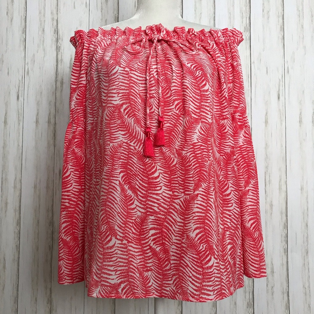 MICHAEL Michael Kors Off Shoulder Bell Sleeve Blouse-Coral and White - Picture 2 of 8